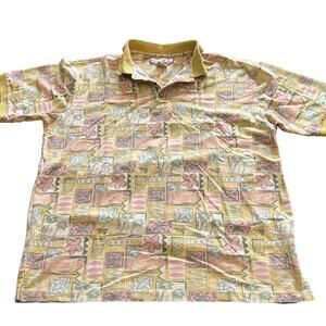 Paradise Blue Multicolor Tropical Print Knit Golf Shirt Polo Mens Size Large
